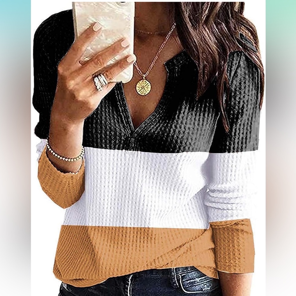 Womens V Neck Long Sleeve Shirt - white, khaki, and black.